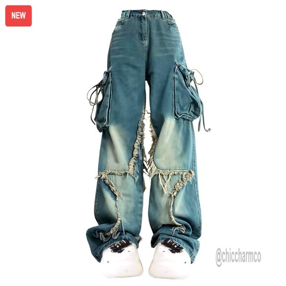 Unisex Y2K Star Patchwork Baggy Jeans Wide Leg Distressed Drawstring Waist